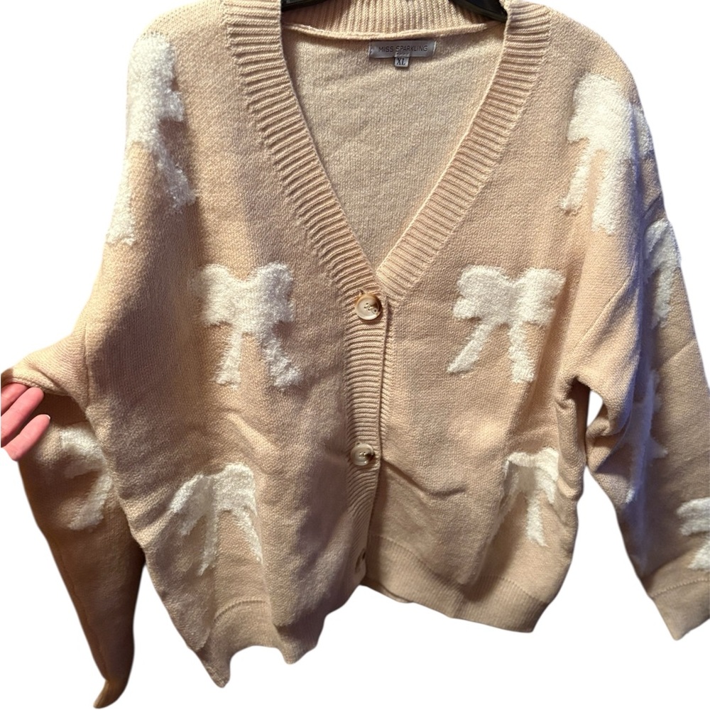 Women's Cream Cardigan Sweater with Bow Design